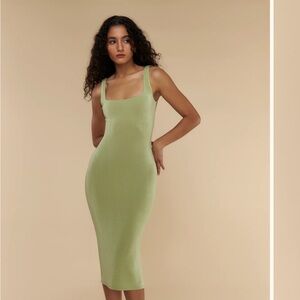 Sleek Sage Square-Neck Midi Dress
